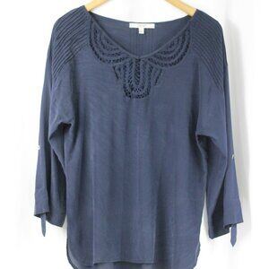 Daniel Rainn Navy Silk Blouse with Cutout Neckline Detailing, Size M